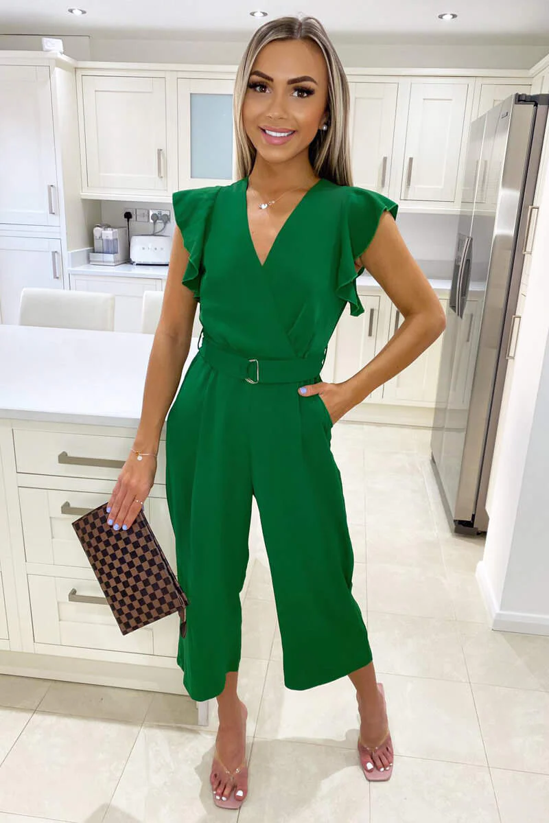 Green Wrap Front Belted Jumpsuit - Swimclubus