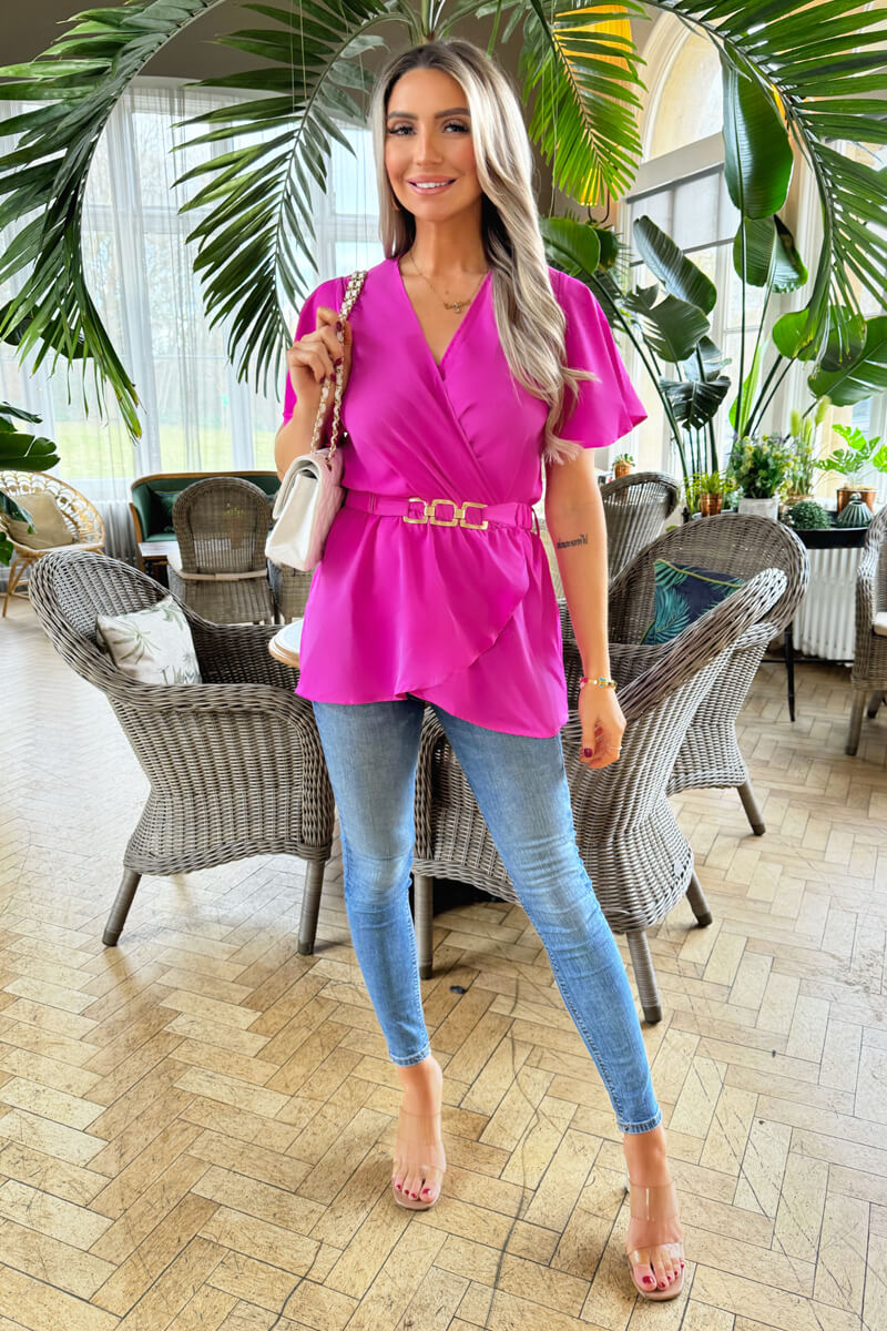 Hot Pink Short Sleeve Wrap Belted Top - Swimclubus