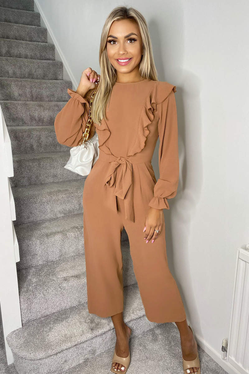 Mocha Frill Front Long Sleeve Jumpsuit - Swimclubus