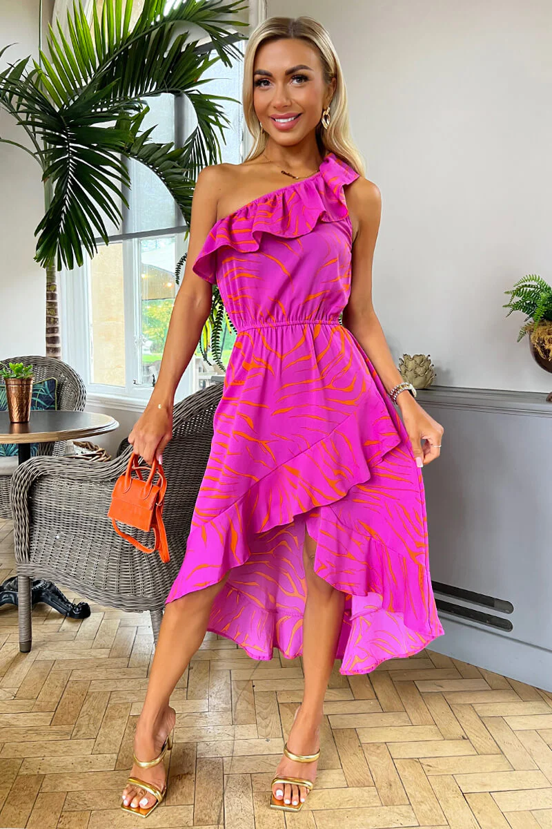 Hot Pink Printed One Shoulder Frill Detail Dipped Hem Dress - Swimclubus