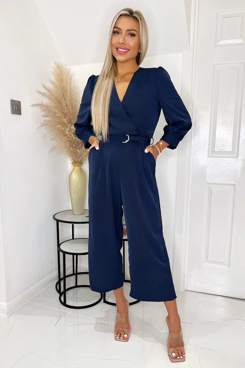 Navy Wrap Top Belted Culotte Jumpsuit - Swimclubus