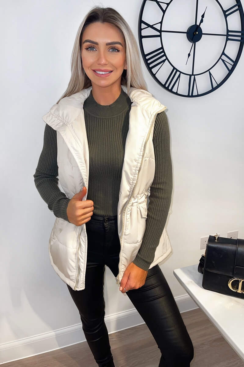 Beige Drawstring Waist Hooded Gilet - Swimclubus