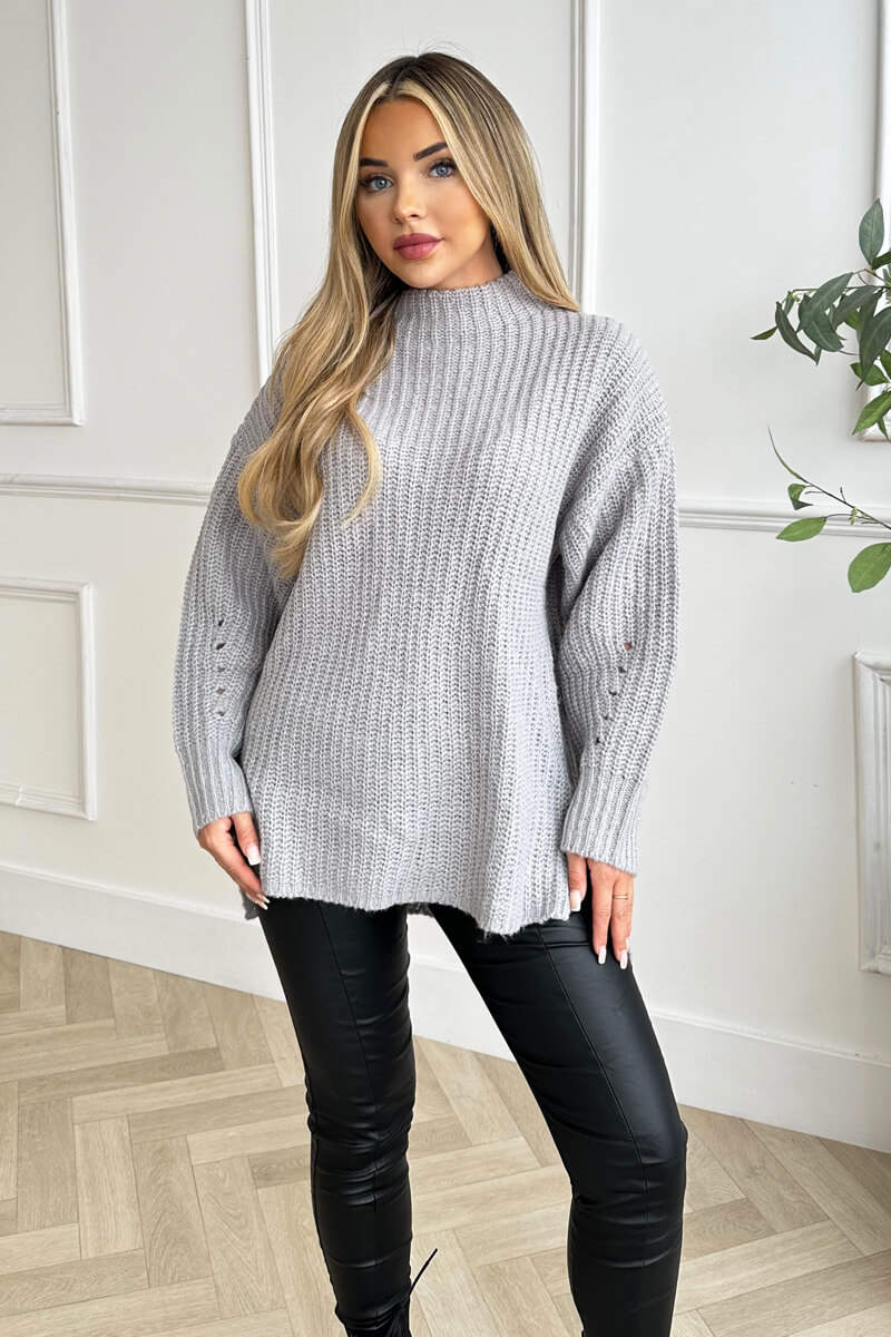 Grey Mock Neck Oversized Knit Jumper - Swimclubus