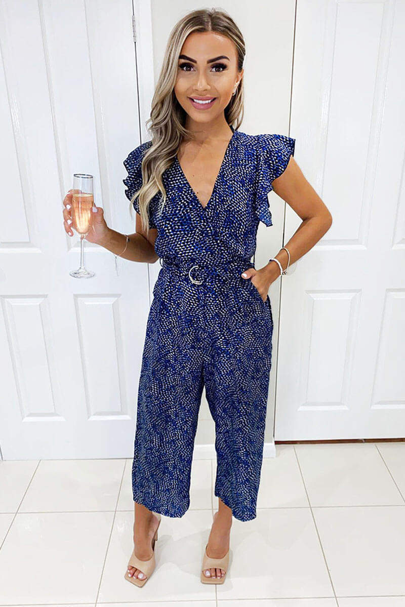 Blue Printed V-Neck Frill Jumpsuit - Swimclubus