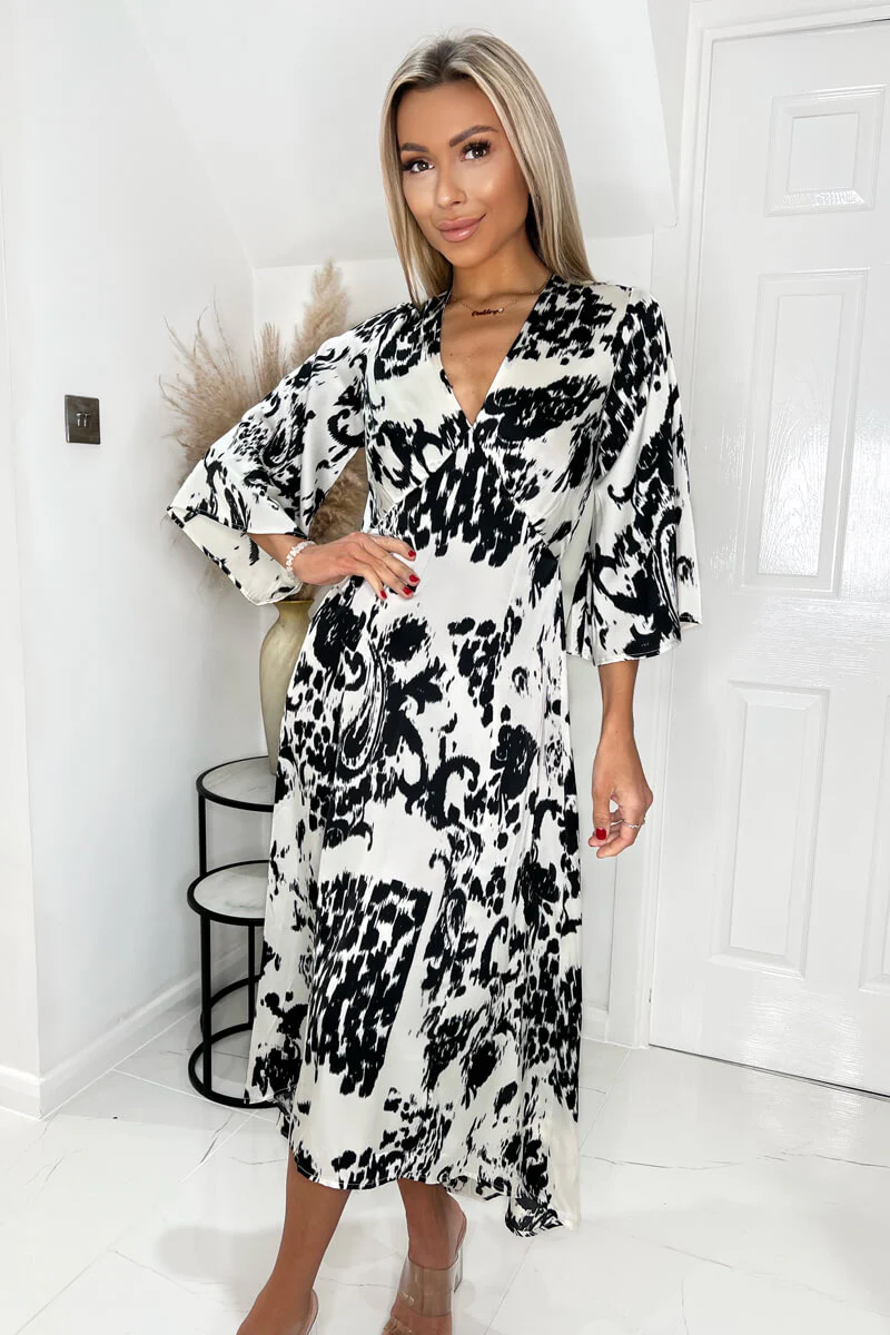 Black And Cream Printed V Neck Bell Sleeve Midi Dress - Swimclubus