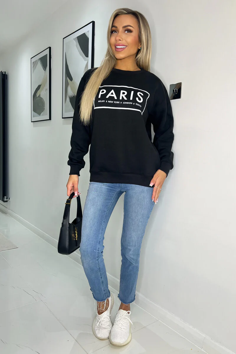 Black Paris Slogan Crew Neck Sweatshirt - Swimclubus
