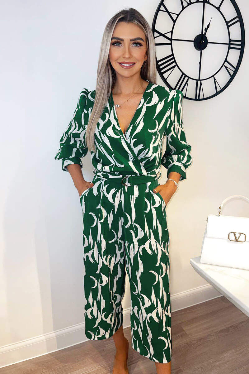 Green And White Printed Belted Jumpsuit - Swimclubus