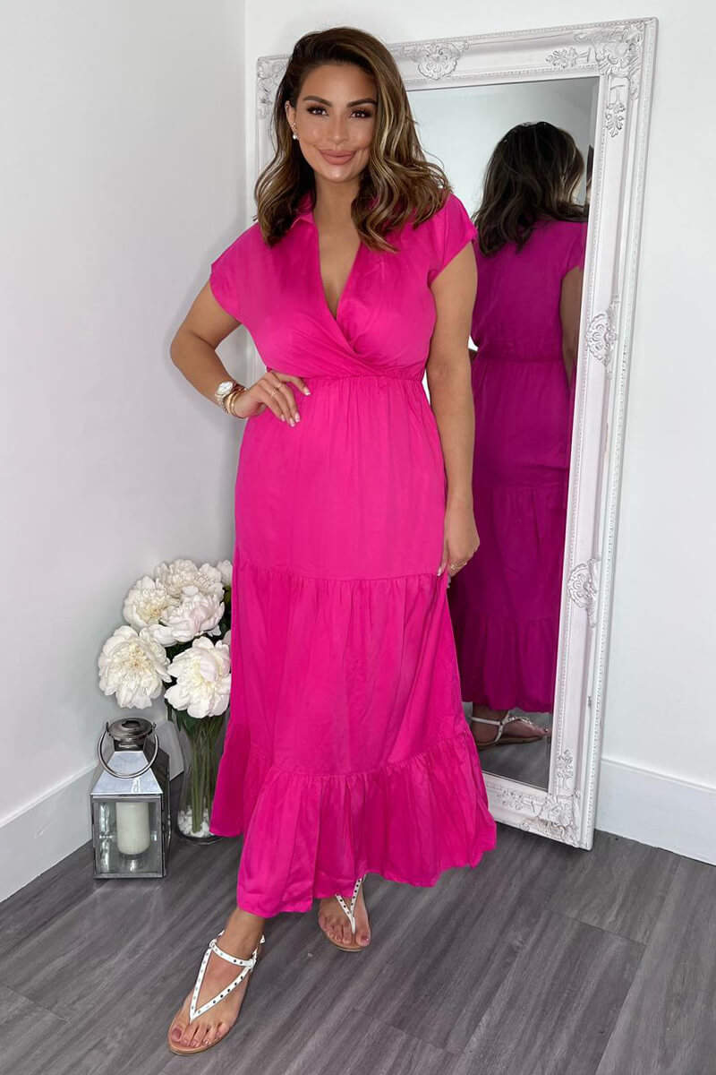 Hot Pink Short Sleeved V-Neck Midi Smock Dress - Swimclubus