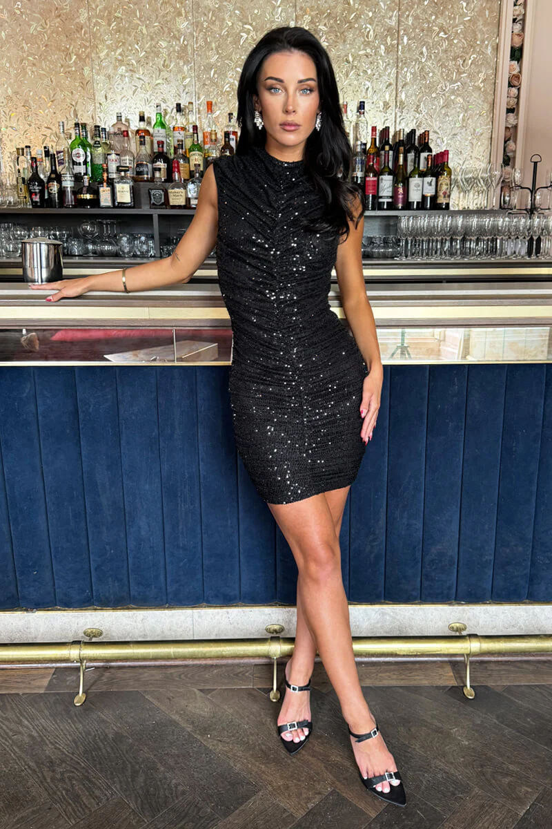 Black Sequin High Neck Ruched Bodycon Mini Dress - Swimclubus