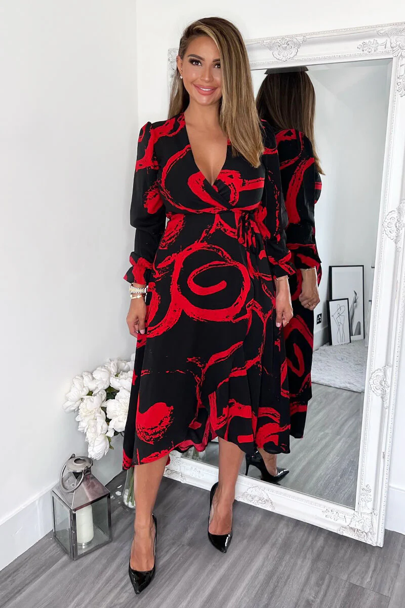 Black and Red Long Sleeve Wrap Midi Dress - Swimclubus