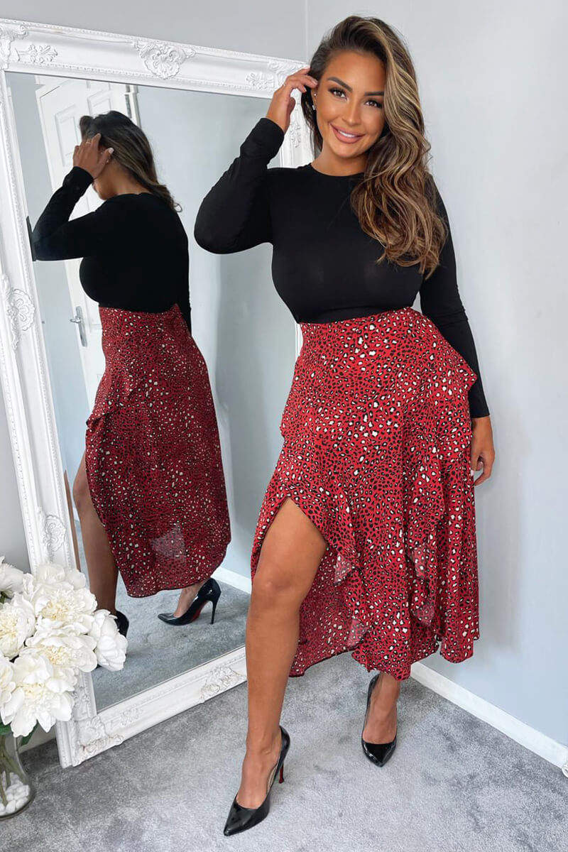 Black And Red 2 in 1 Animal Printed skirt Midi Dress - Swimclubus