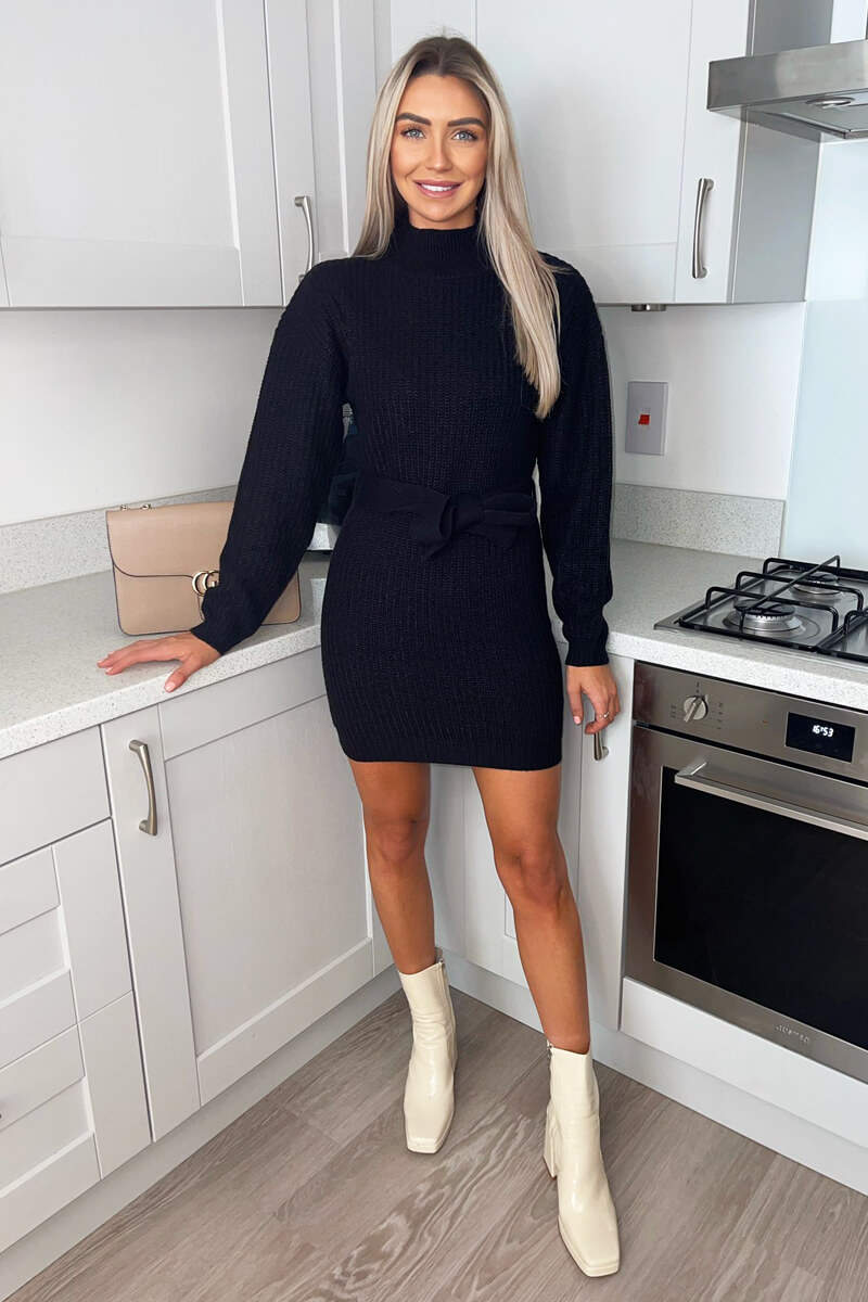 Black High Neck Belted Knitted Jumper Dress - Swimclubus
