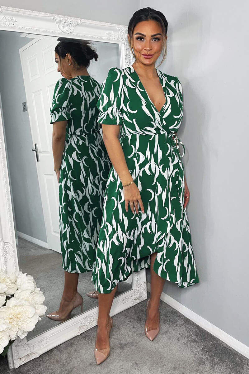 Green And White Printed Wrap Side Tie Midi Dress - Swimclubus