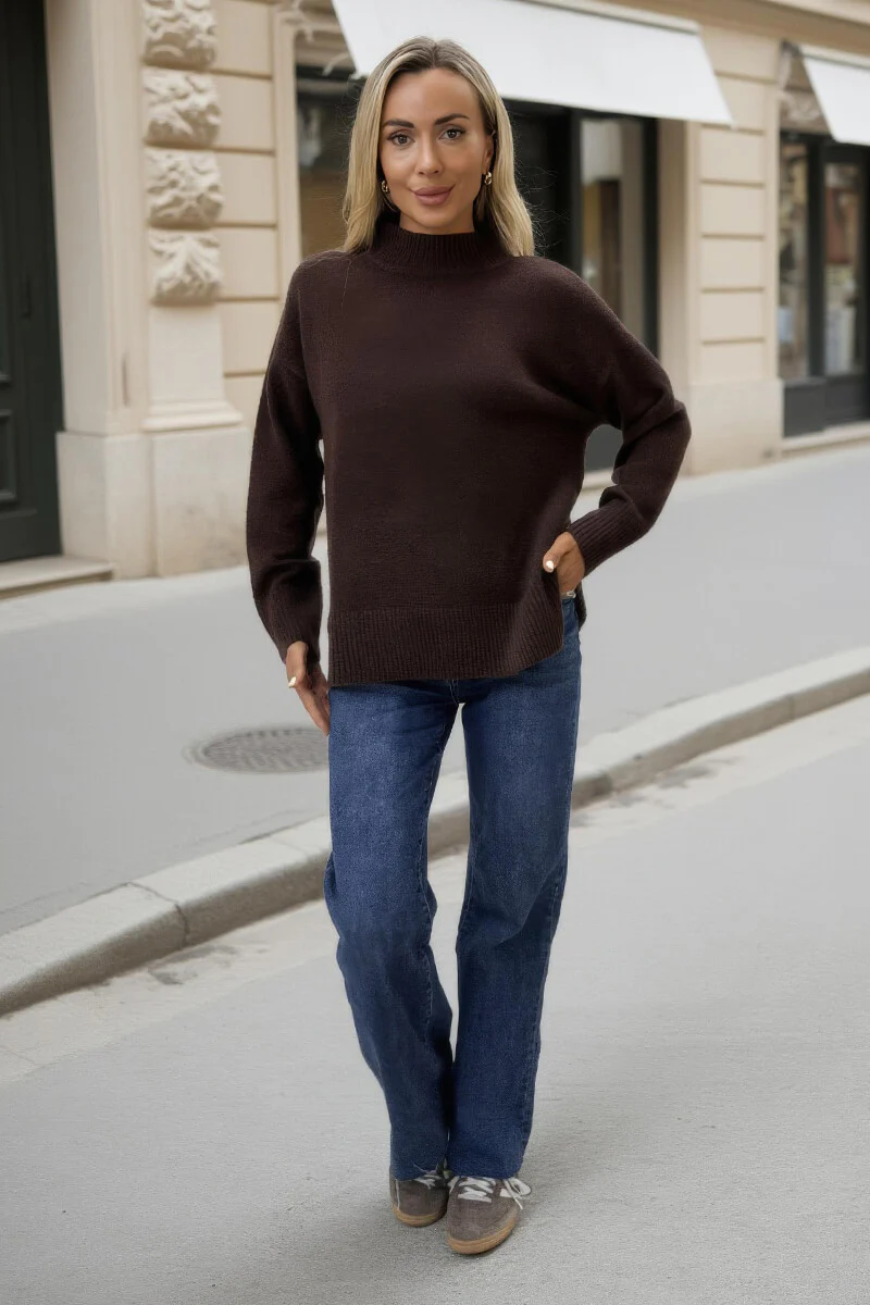 Chocolate Mock Neck Split Hem Jumper - Swimclubus