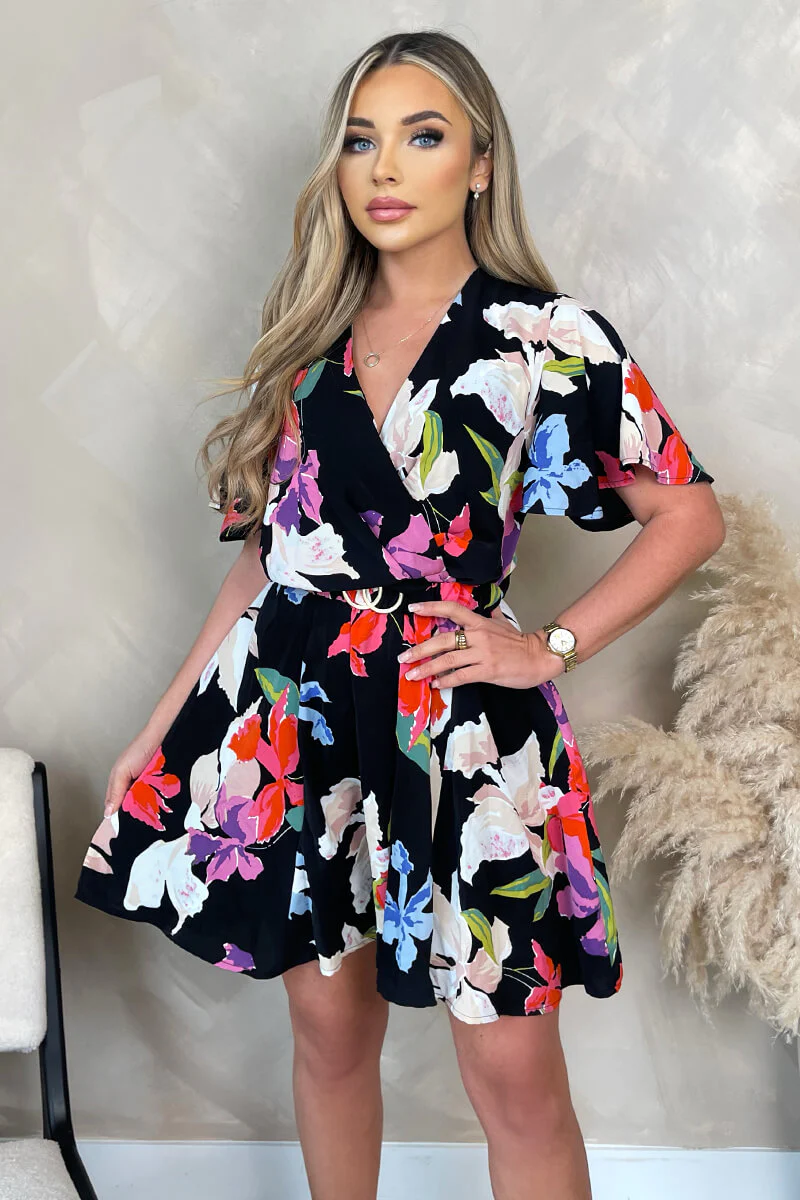 Multi Floral Printed Wrap Over Belted Skater Dress - Swimclubus