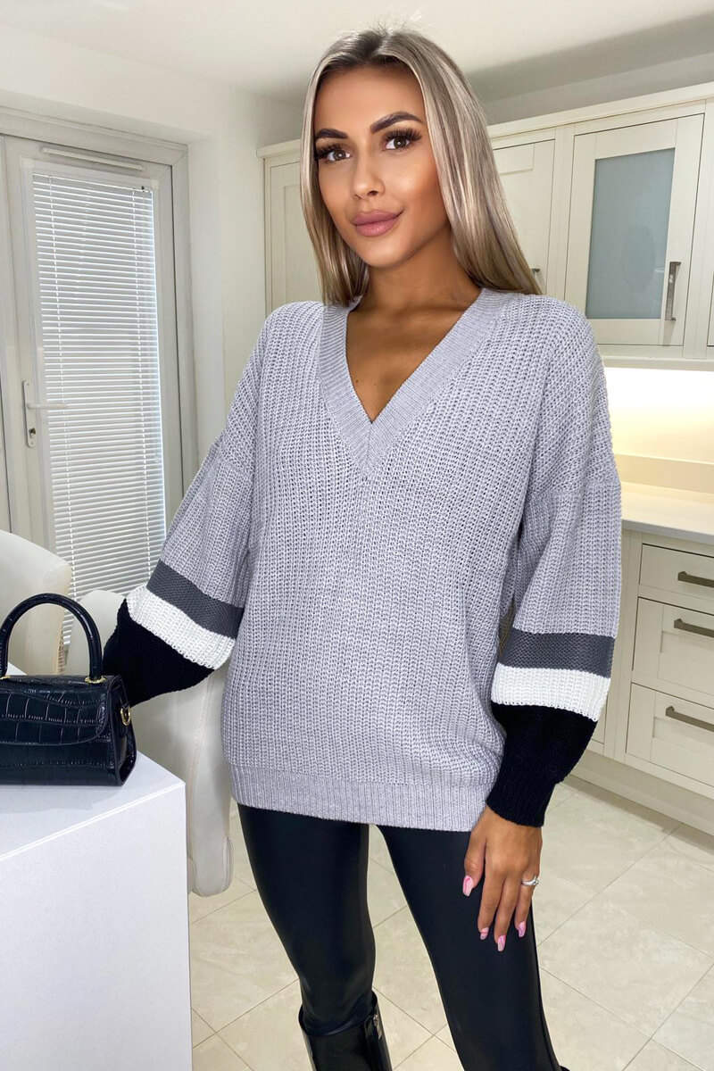 Silver Striped Sleeve Knitted Jumper - Swimclubus