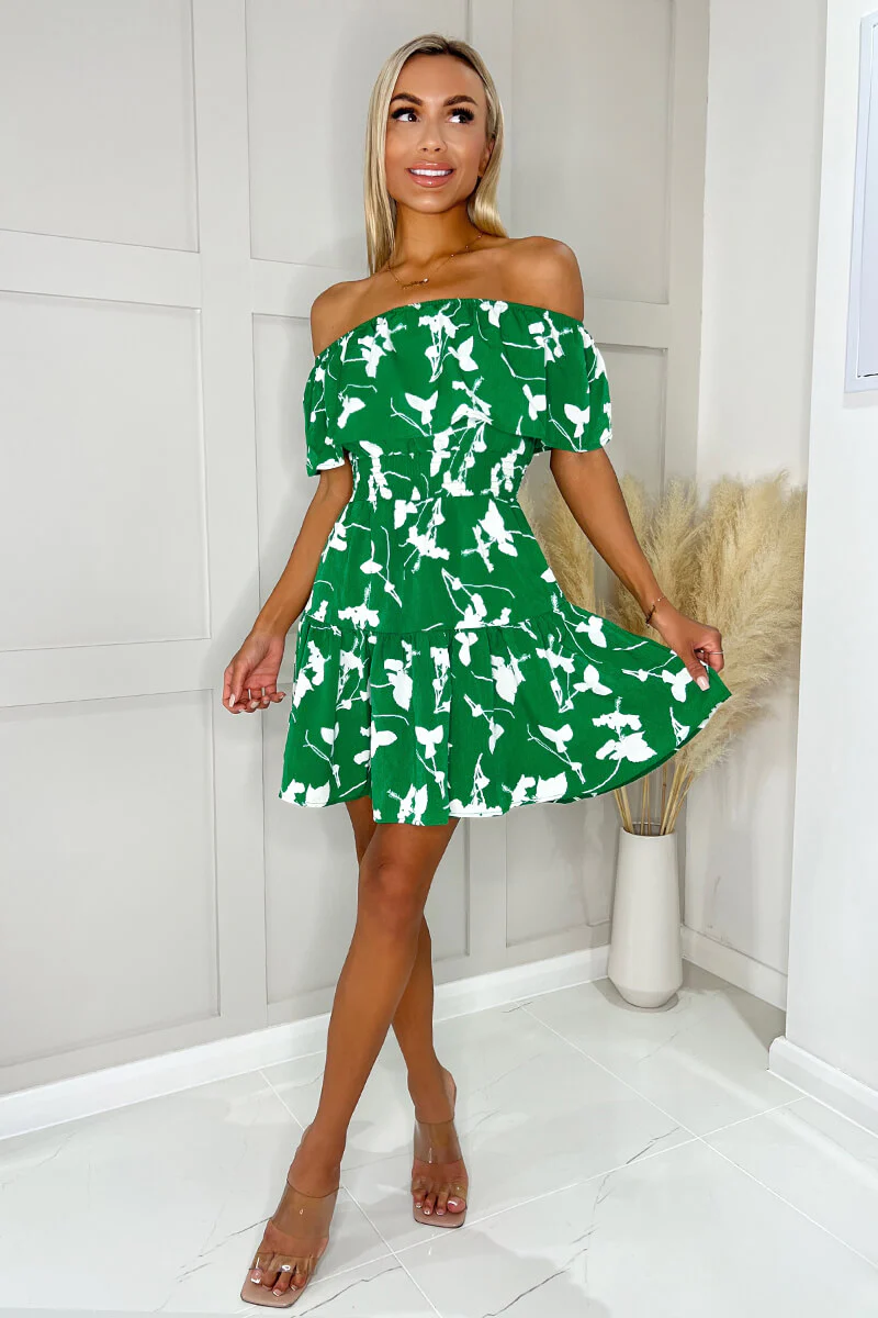 Green And White Printed Bardot Style Mini Dress - Swimclubus