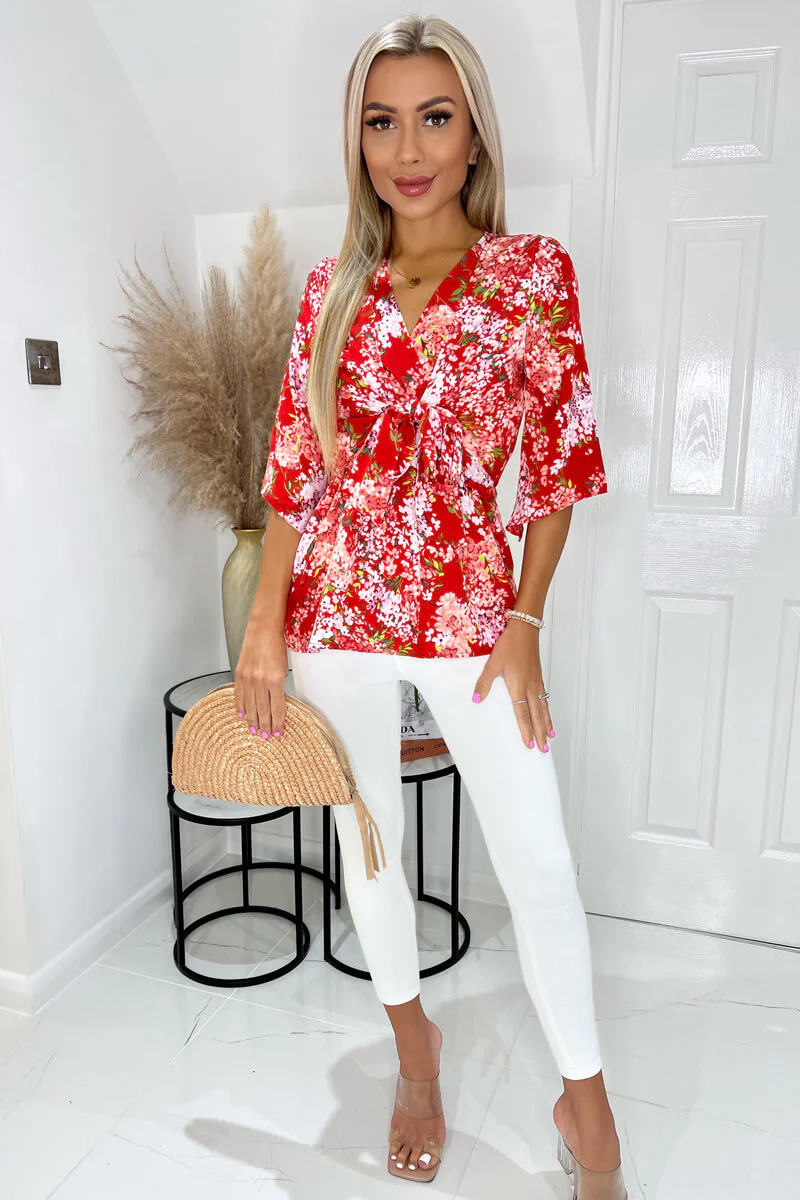 Red Floral Front Tie Wrap Top - Swimclubus