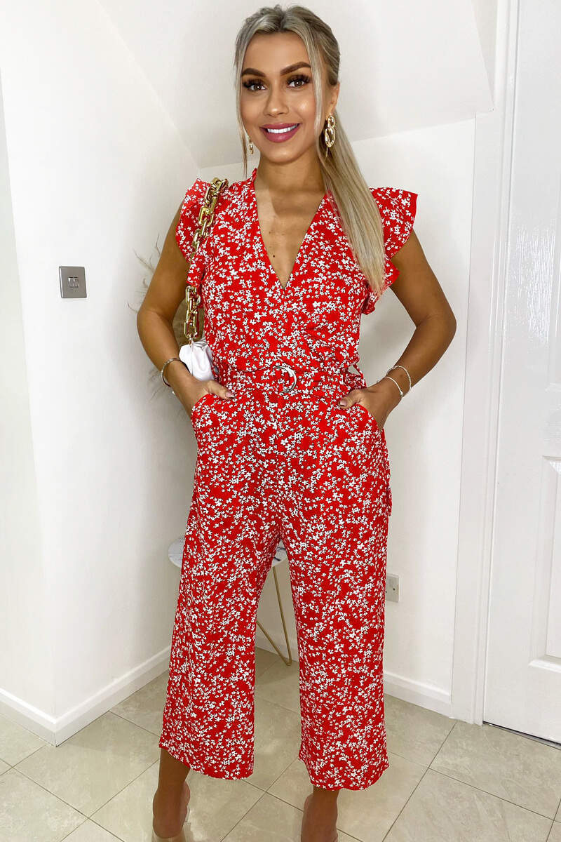 Red Floral Print Wrap Front Belted Jumpsuit - Swimclubus