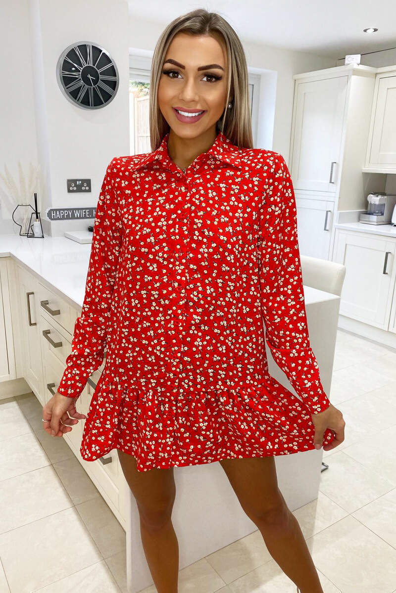 Red Floral Printed Shirt Dress - Swimclubus