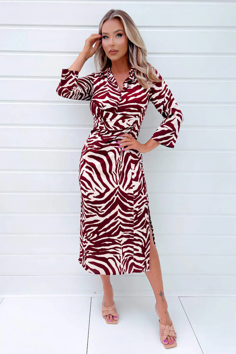 Burgundy Animal Print Button Top Gathered Side Midi Dress - Swimclubus