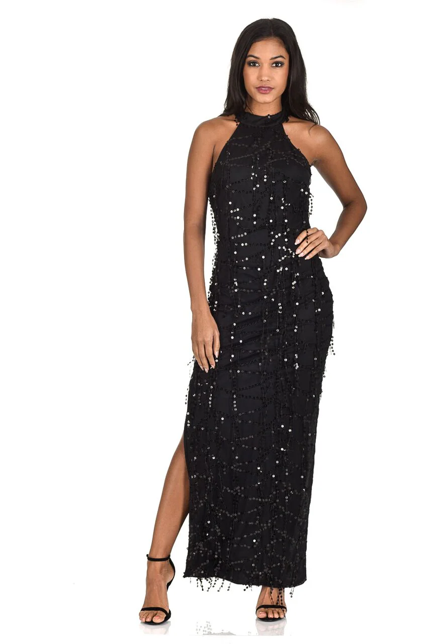 Black Cut In Neck Sequin Maxi Dress - Swimclubus