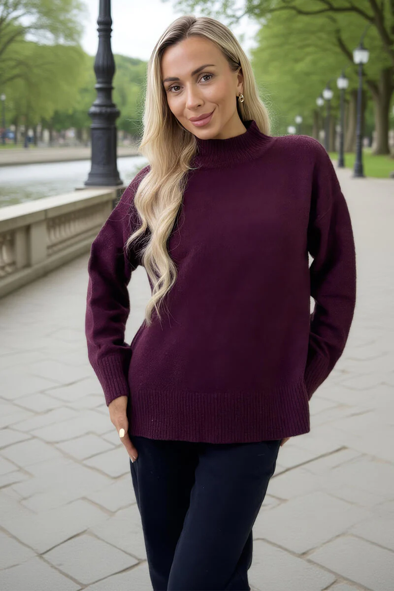 Burgundy Mock Neck Split Hem Jumper - Swimclubus