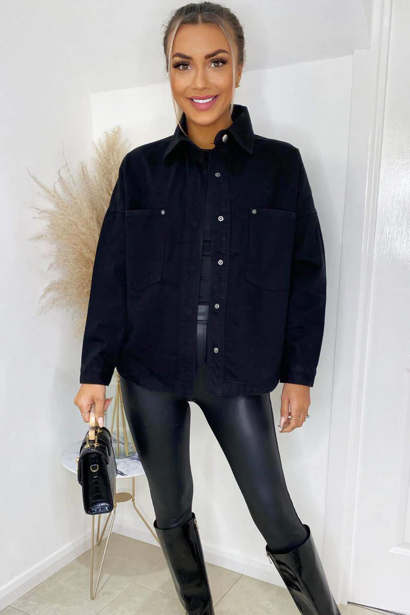 Black Denim Double Pocket Shirt Jacket - Swimclubus