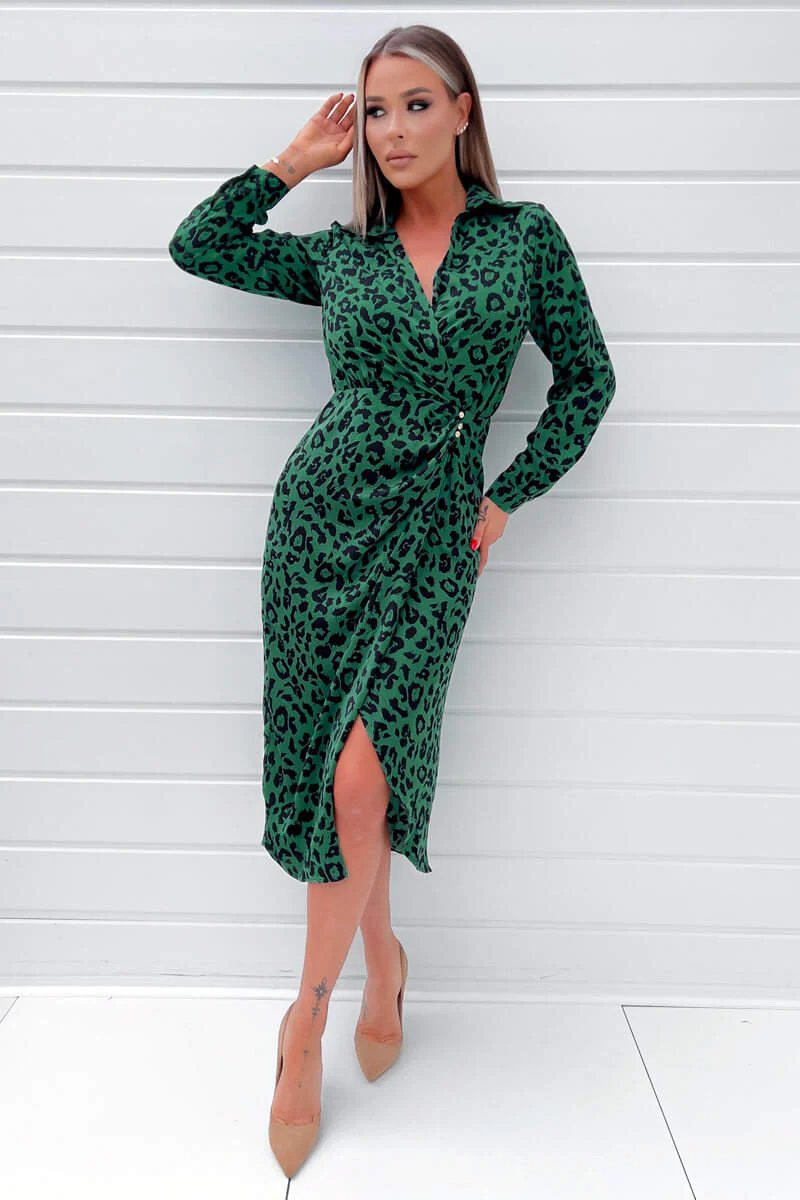 Green Animal Print Gold Button Gathered Midi Dress - Swimclubus