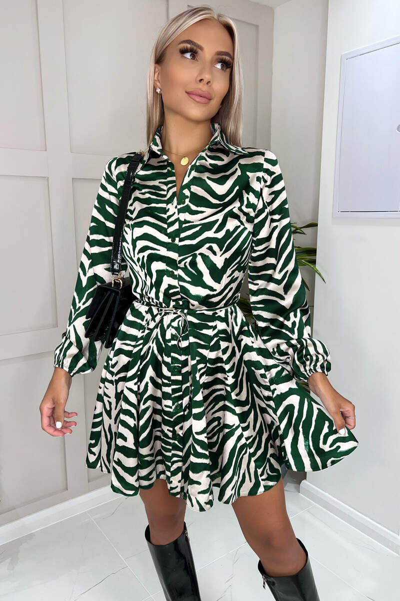 Green Animal Printed Belted Button Up Mini Skater Dress - Swimclubus