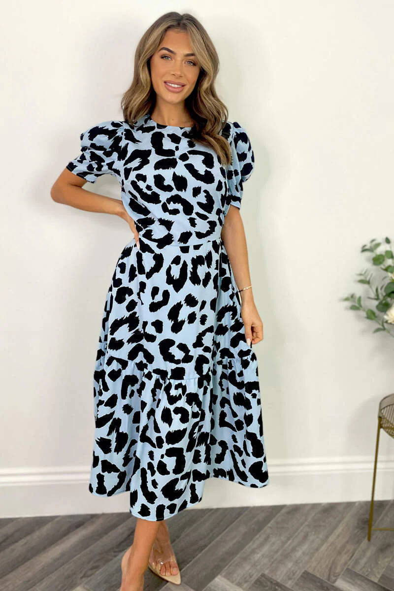 Blue and Black Animal Print Short Sleeve Midi Smock Dress - Swimclubus