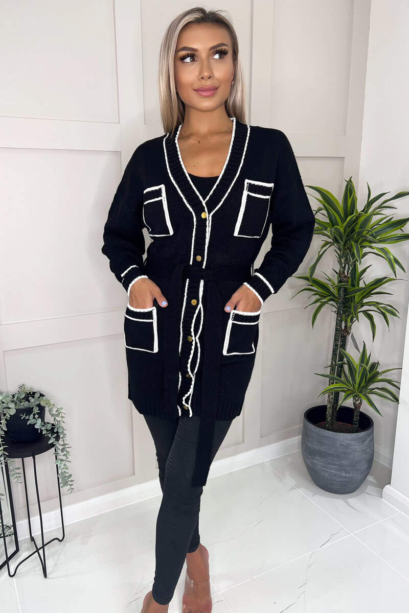Black and White Contrast Detail Knitted Cardigan - Swimclubus