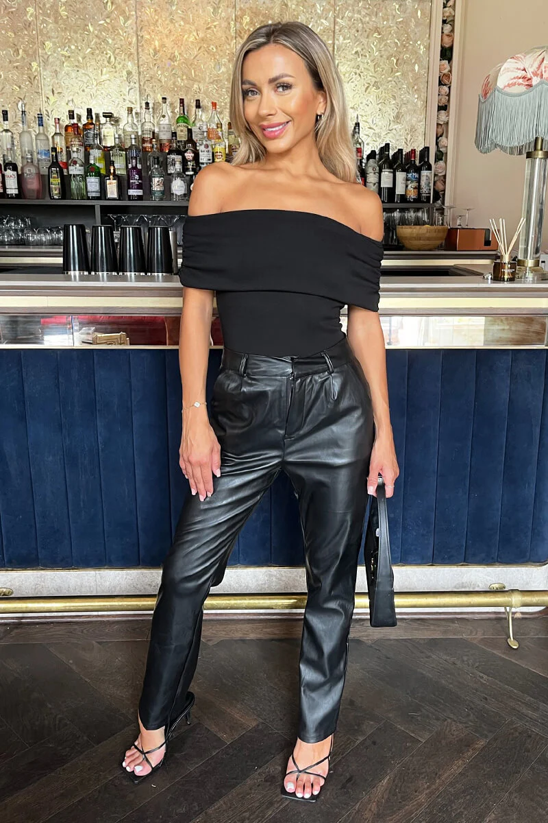 Black Bardot Fold Over Top Detail Bodysuit - Swimclubus