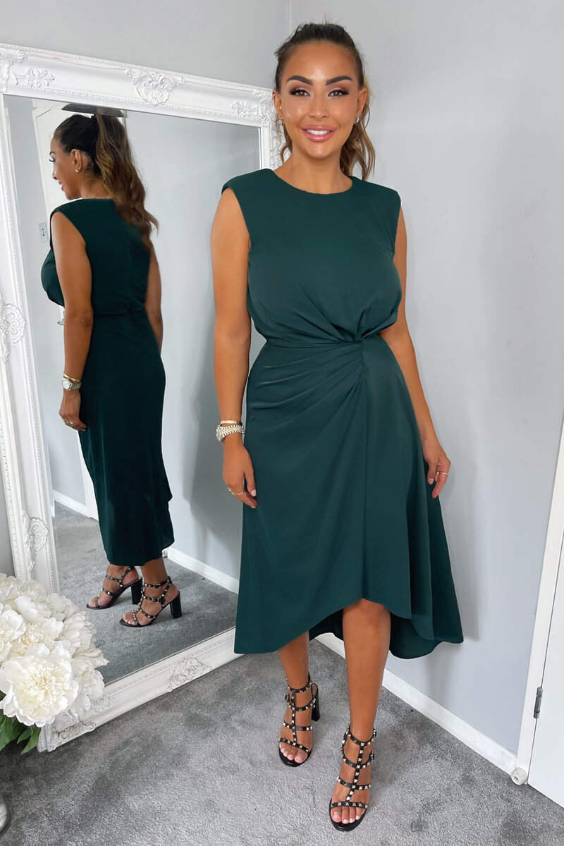 Teal Gathered Midi Dress With Padded Shoulders - Swimclubus