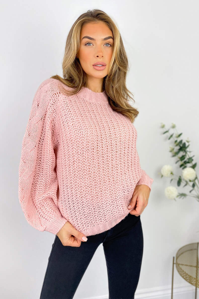 Pink Cable Raglan Sleeve Jumper - Swimclubus