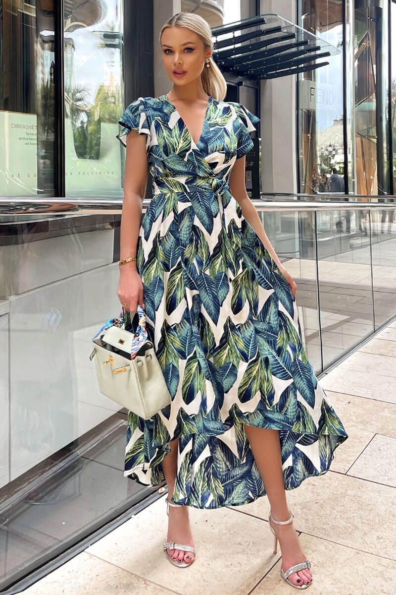 Blue Leaf Print Short Sleeve Belted Wrap Midi Dress - Swimclubus