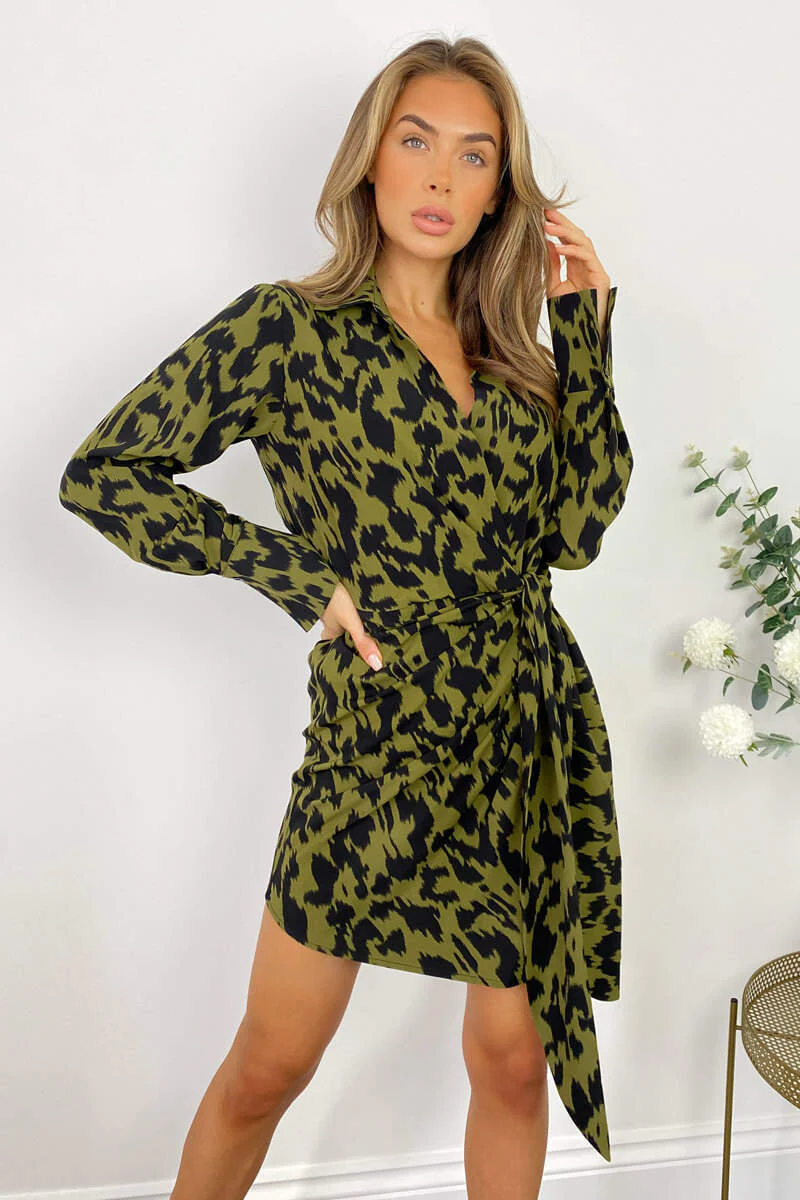 Khaki Tie Wrap Long Sleeve Mini Dress - Swimclubus