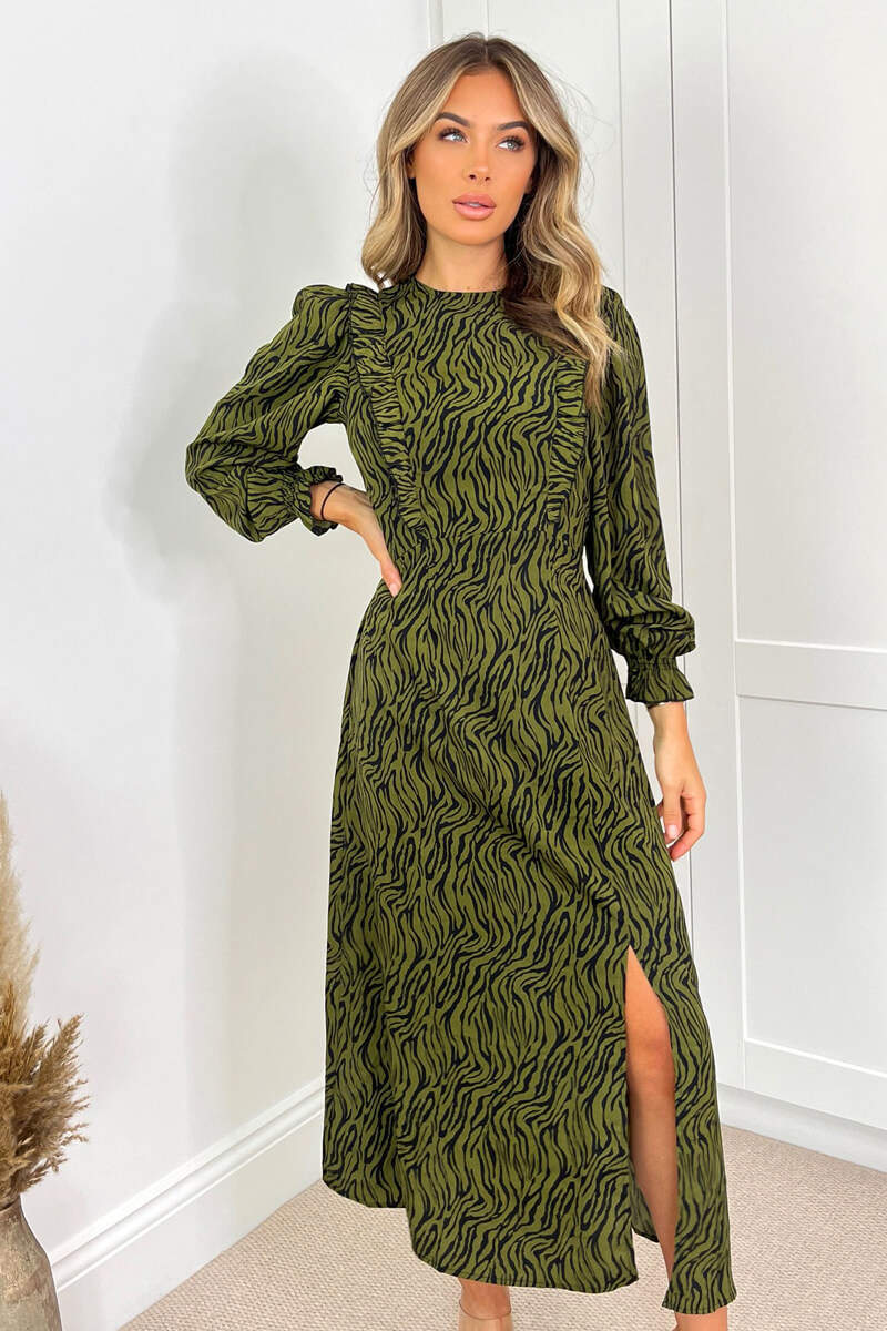 Khaki Animal Print Long Sleeve Ruffle Front Midi Dress - Swimclubus