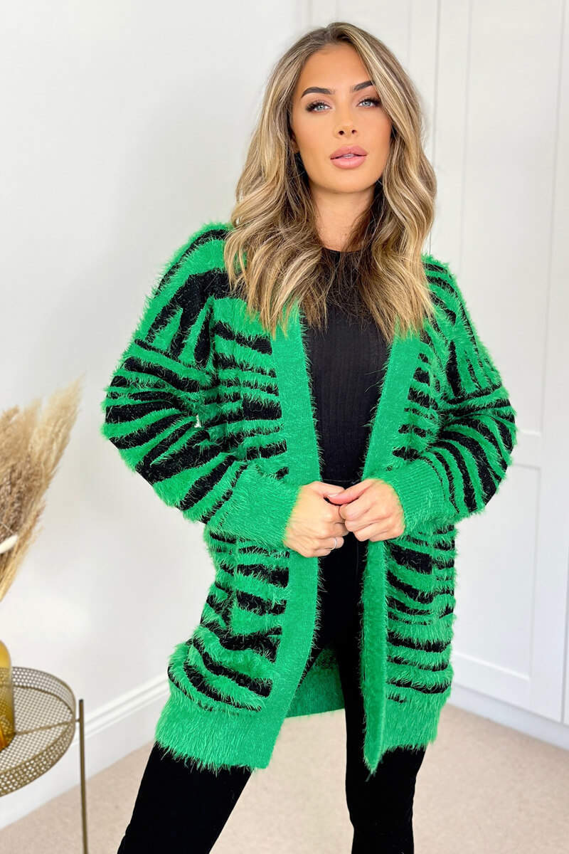 Green And Black Fluffy Knit Long Sleeve Animal Print Cardigan - Swimclubus