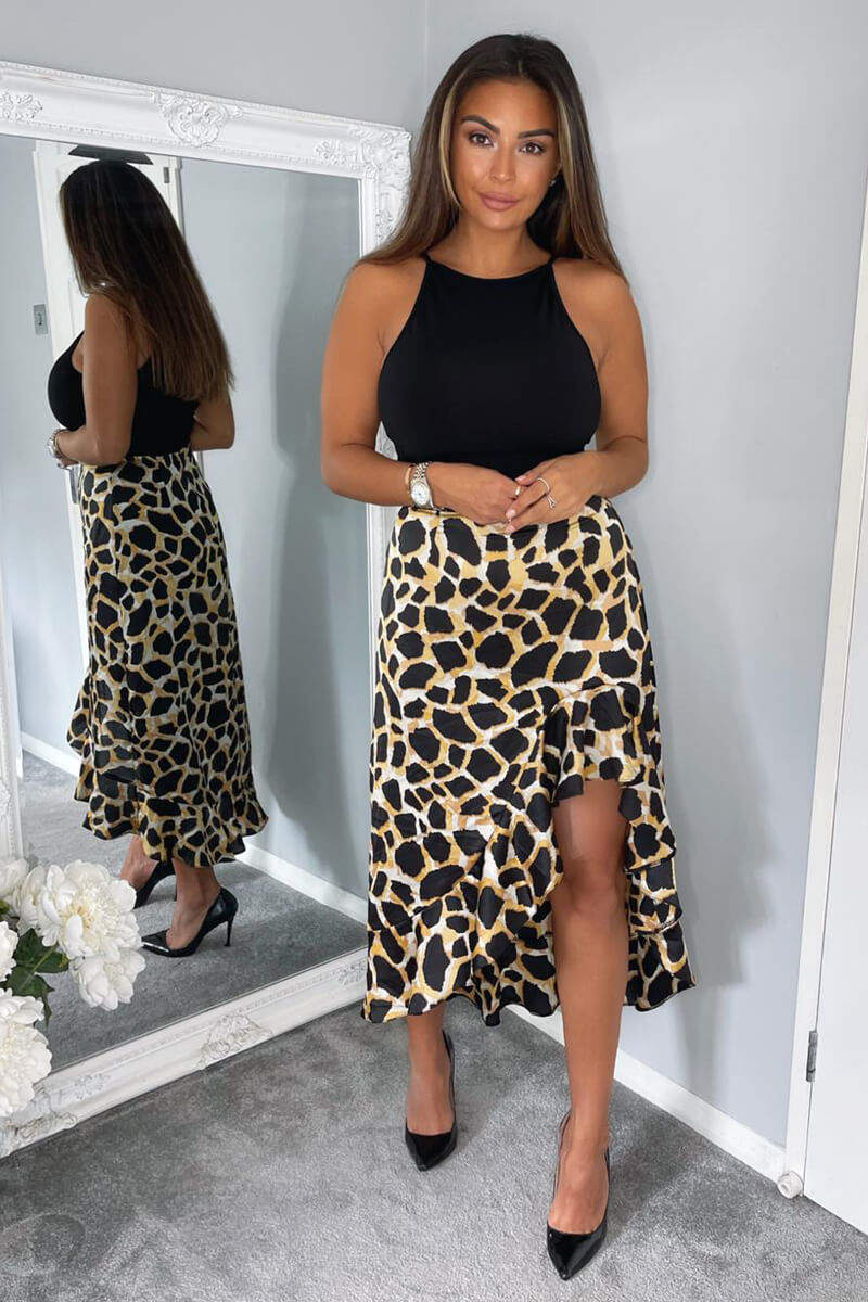 Black Animal Print 2 in 1 Dipped Hem Midi Dress - Swimclubus