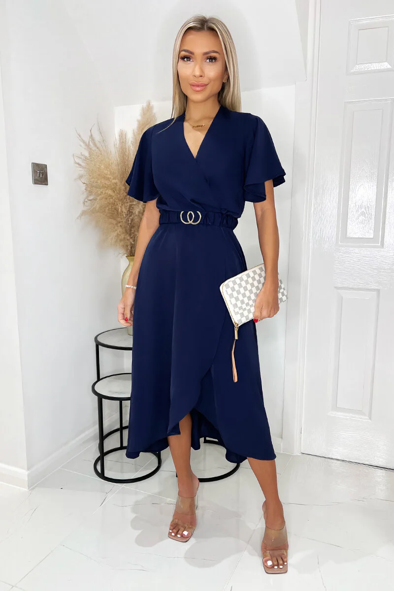 Navy Short Sleeve Belted Wrap Midi Dress - Swimclubus