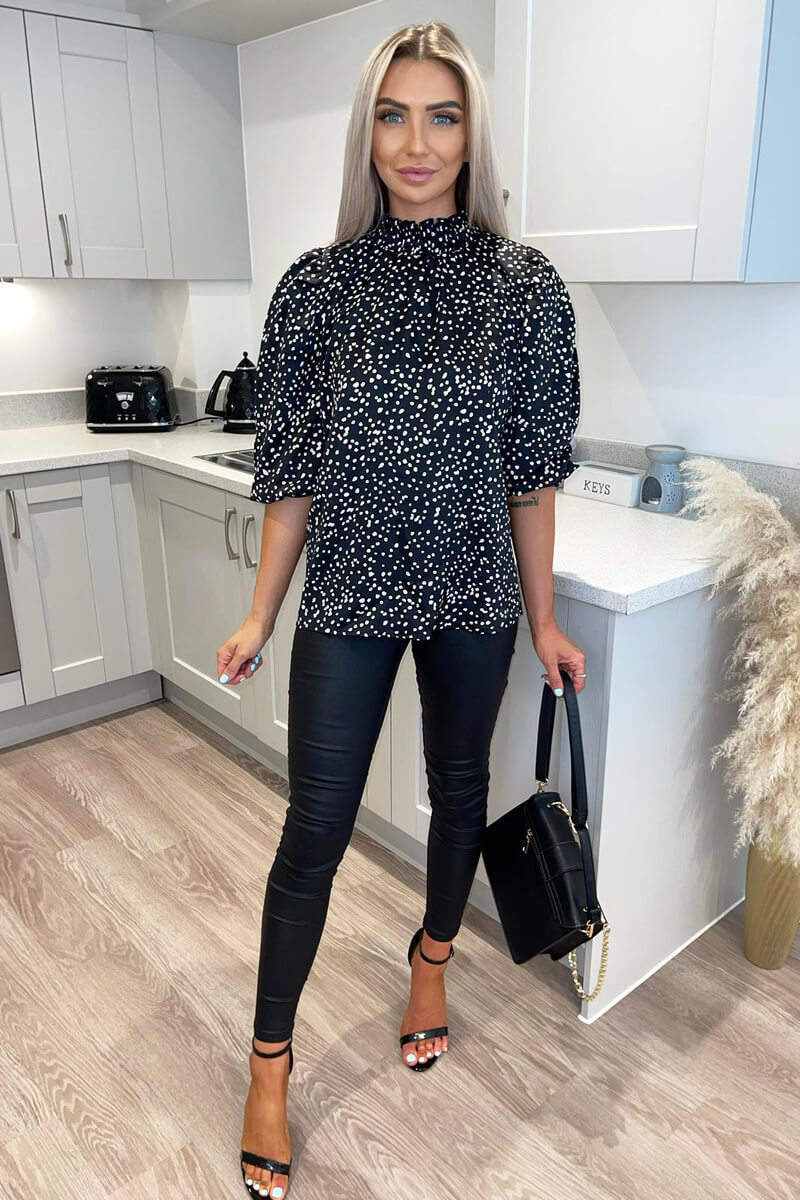 Black Printed Elasticated High Neck Blouse - Swimclubus