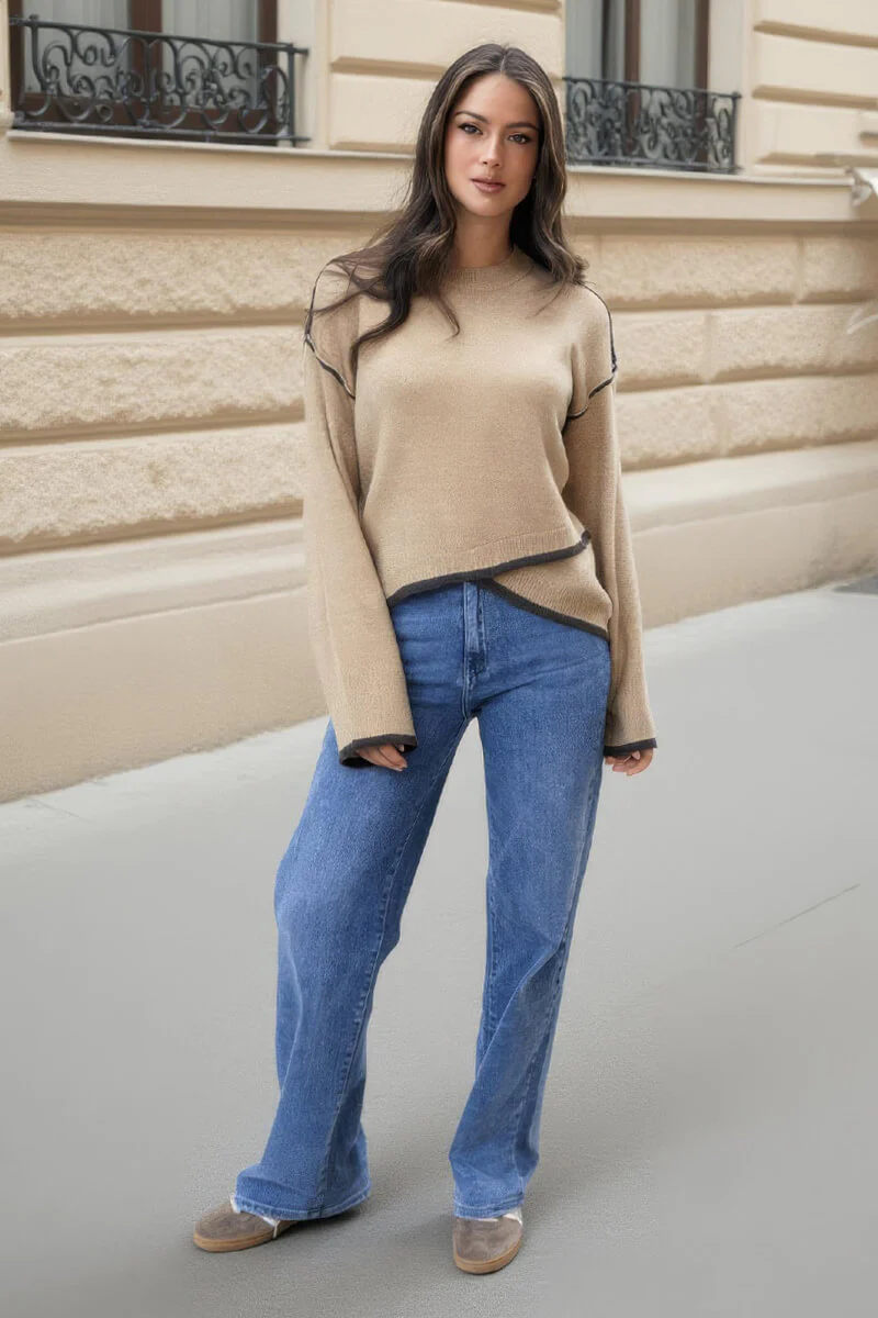 Oatmeal Contrast Piping Crew Neck Jumper - Swimclubus