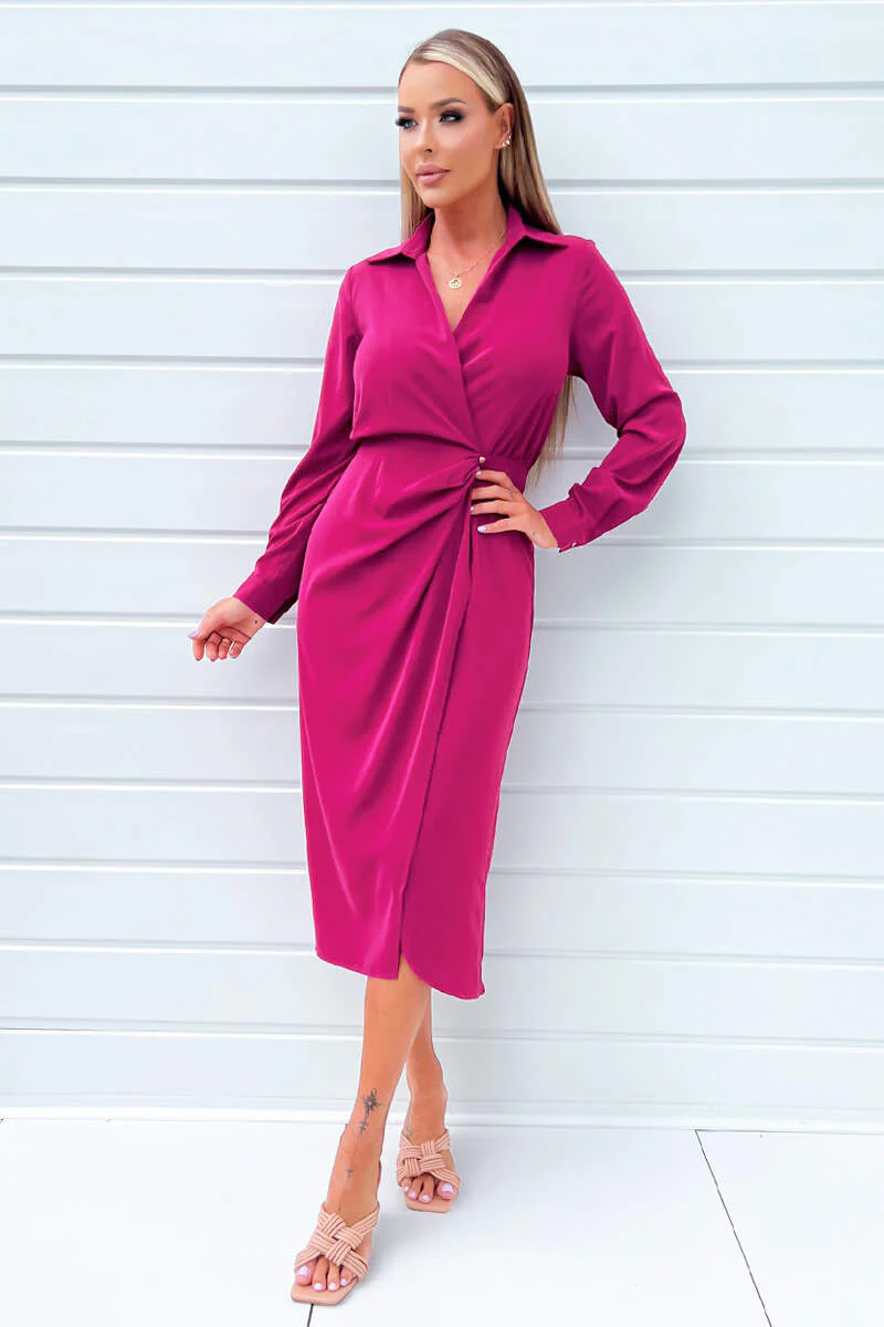 Magenta Long Sleeve Side Ruched Wrap Over Midi Dress - Swimclubus