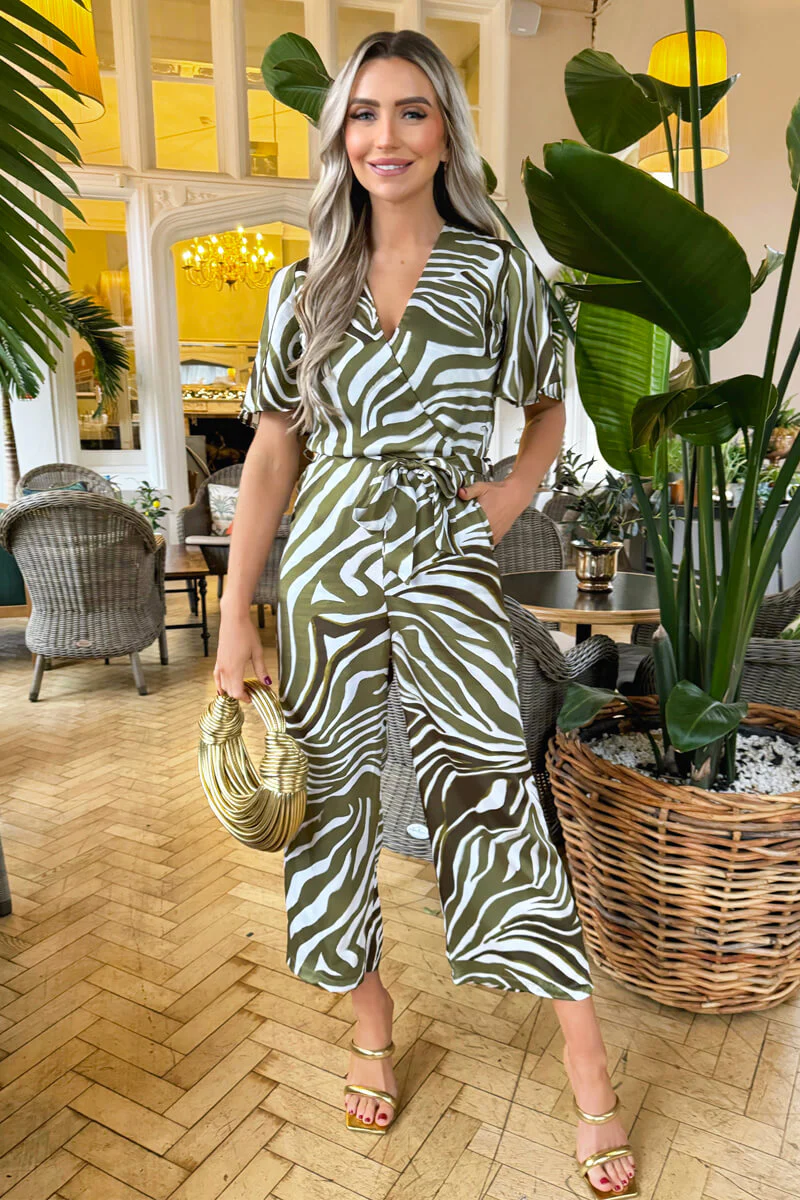 Olive Print Wrap Top Tie Waist Jumpsuit - Swimclubus