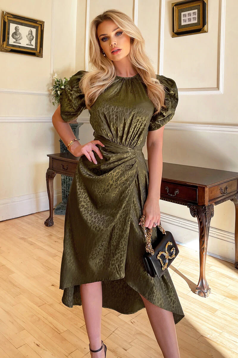 Olive Animal Print Puff Sleeve Satin Midi Dress - Swimclubus