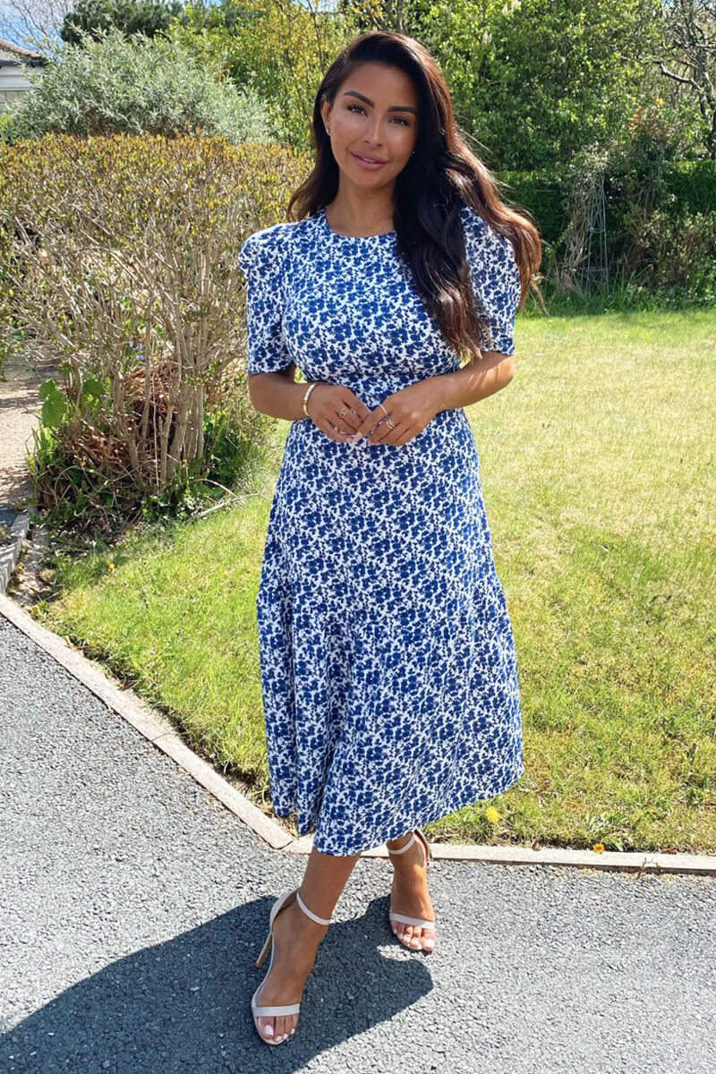 Blue Floral Frill Sleeve Midi Dress - Swimclubus