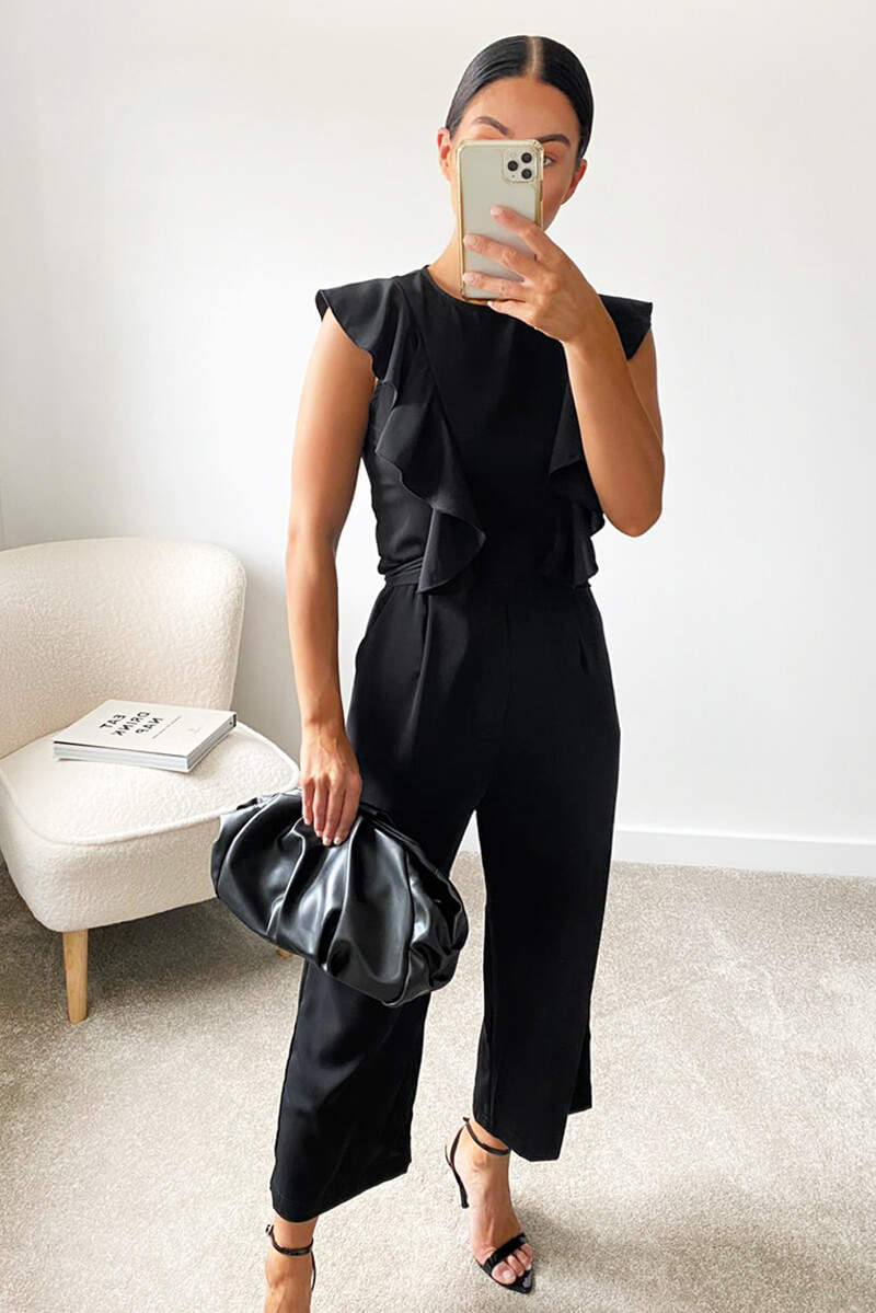 Black Frill Tie Culotte Jumpsuit - Swimclubus