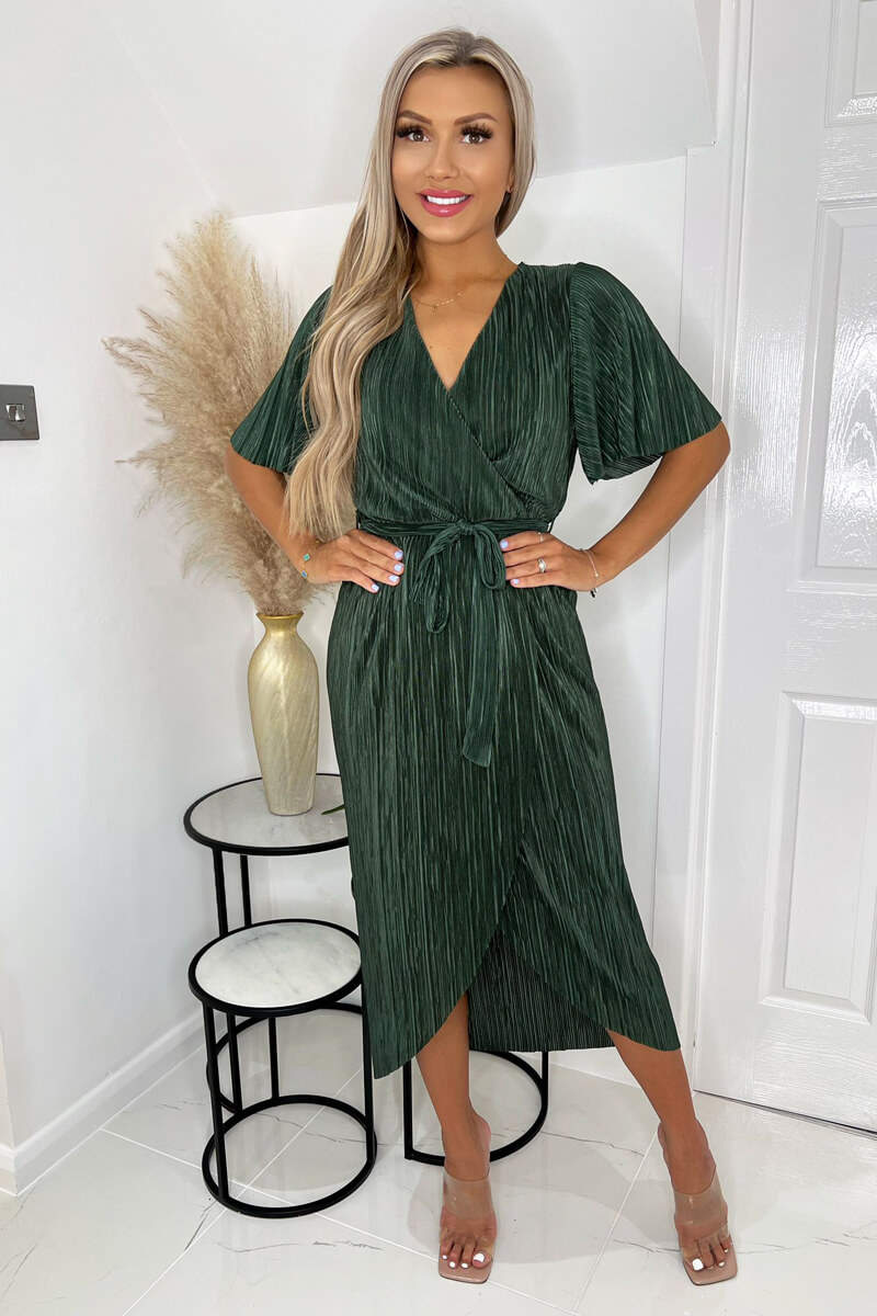 Khaki Wrap Top Belted Short Sleeve Plisse Midi Dress - Swimclubus