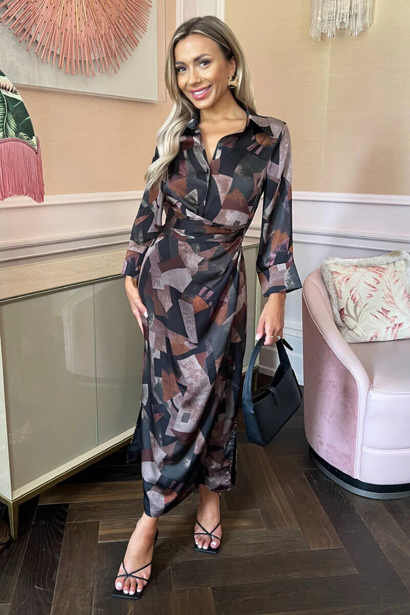 Multi Abstract Print 3/4 Sleeve Shirt Midi Dress - Swimclubus